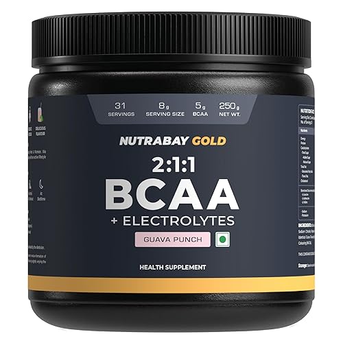 Nutrabay Gold BCAA 2:1:1 with Electrolytes 5000 mg Vegan BCAAs per Serving – Pre/Post Workout Drink for Muscle Build Up & Faster Recovery - Tested for Purity - No Banned Substances – 250g, Guava