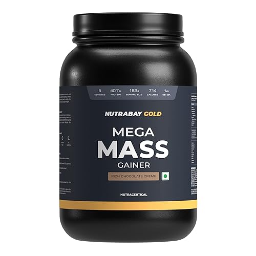 Nutrabay Gold Mega Mass Gainer Powder - 1kg, Rich Chocolate Creme | 100% Veg | 40.7g Protein, 122g Carbs, 714 Calories | Muscle Building & Weight Gainer Supplement for Men & Women
