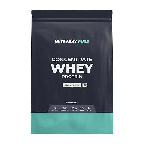 Nutrabay Pure 100% Raw Whey Protein Concentrate 23.4g Protein per Serving – Muscle Growth & Recovery – 1kg, Unflavoured | Authentic & Clean Protein | Trustified Certified