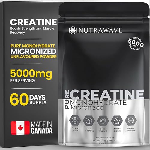 Nutrawave PURE CREATINE Monohydrate Powder 5000mg per scoop, 60 Servings, Micronized for Better Absorption, Improved Strength & Muscle Recovery, Endurance, Ideal for Men and Women. Vegan, Gluten Free. Quick Dissolving.