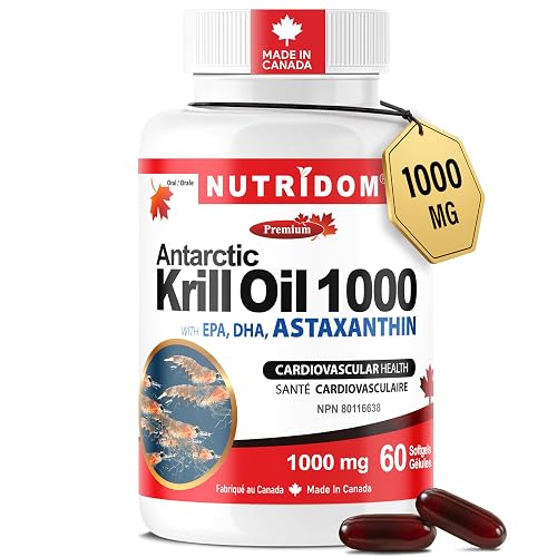 Nutridom Antarctic Krill Oil 1000 mg – 60 Softgels, 60 Day-Supply | With EPA, DHA & Astaxanthin | Source of Omega-3 Fatty Acids | Made in Canada