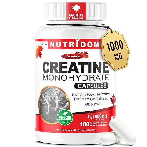 Nutridom Creatine Monohydrate 1000mg, 180 Capsules - 100% Pure Micronized Creatine Monohydrate (3-5 g per Day) Muscle Growth, Increased Strength, Enhanced Energy Output,Improved Athletic Performance | Vegan, Non-GMO, Gluten Free | Made in Canada