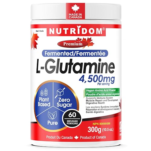 Nutridom L-Glutamine Powder 300g, Vegan Amino Acid Supplement for Gut Health & Immune Function, Fermented, Plant Based, Unflavoured, Gluten free, Soy free, and Dairy free, 60 Servings, Made in Canada