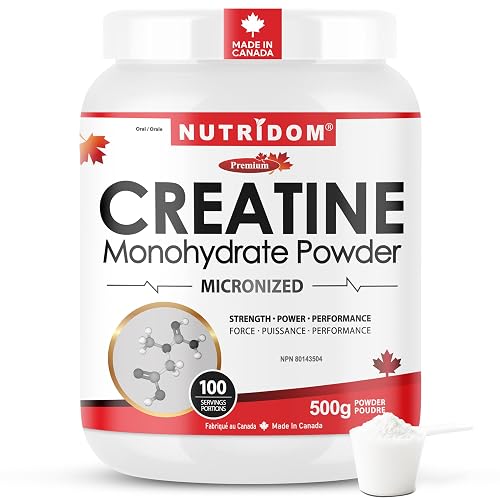 Nutridom Micronized Creatine Monohydrate Powder | 500g | 5g per Scoop, 100 Servings | Made in Canada