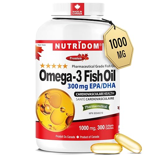 Nutridom Omega-3 Fish Oil 1000mg – 300 Softgels | High-Potency EPA 180mg & DHA 120mg | Heart, Brain, Joint & Focus Support | Non-GMO, Purified, GMP Certified