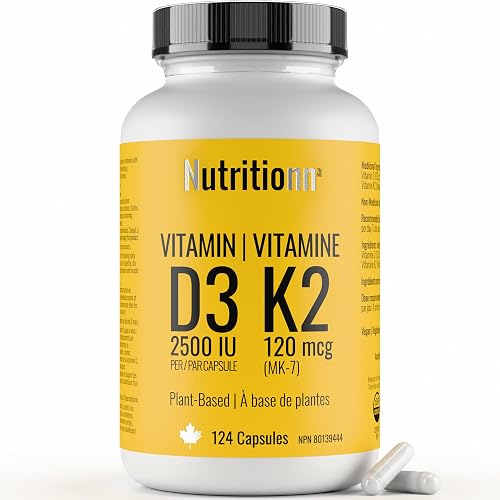 Nutritionn Vitamin D3 K2, 2500 IU D3 + 120 mcg K2 MK7, Vegan, 124 Capsules