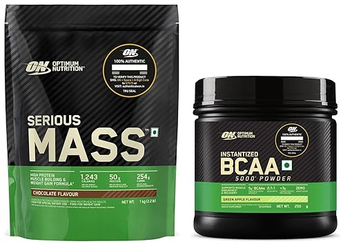 OPTIMUM NUTRITION (ON) Serious Mass Gainer powder (Veg) - Pack of 1 kg (Chocolate) & Optimum Nutrition BCAA, 5g BCAAs in 2:1:1 Ratio, 30 servings (250gm, Green Apple) COMBO