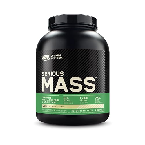Optimum Nutrition Serious Mass Weight Gainer Protein Powder, High Calorie Mass Gainer with Protein & Carbs, 50g Protein, 1250 cal/serving, Vanilla, 2.72 kg, 8 Servings (packaging may vary)