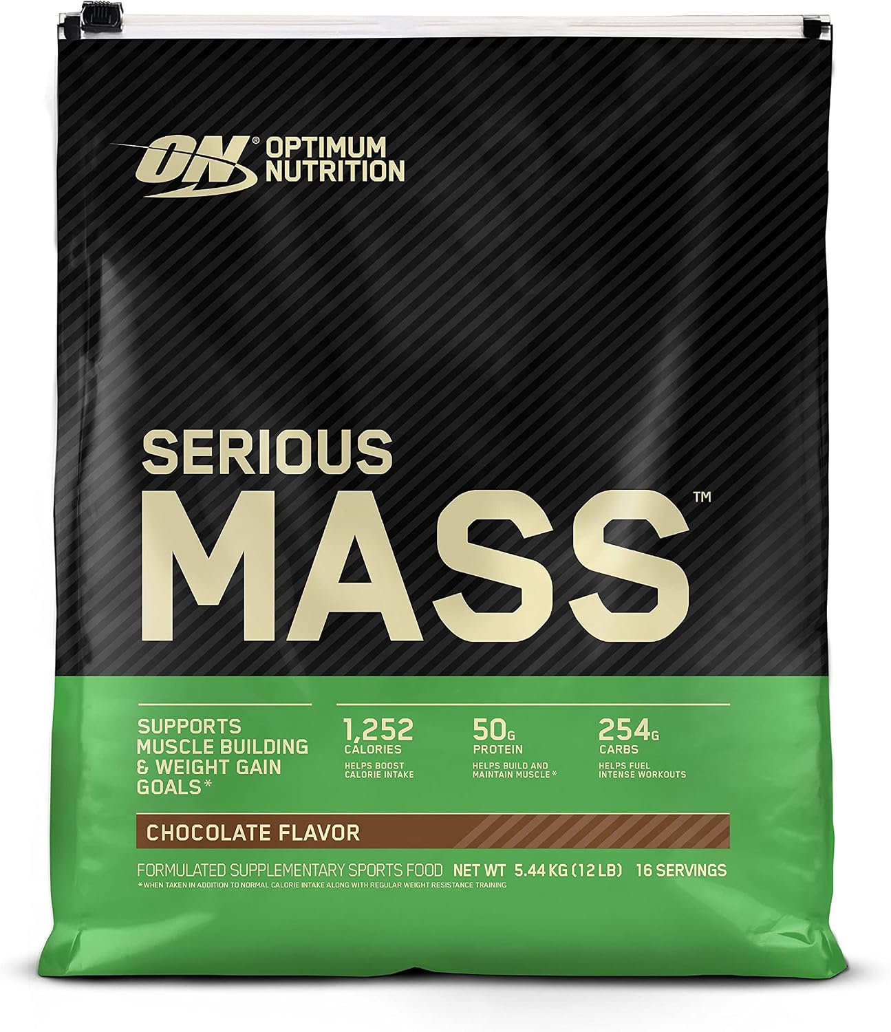Optimum Nutrition Serious Mass Weight Gainer Protein Powder, High Calorie Mass Gainer with Protein & Carbs, 50g Protein, 1250 cal/serving, Chocolate, 5.44 kg, 16 Servings (packaging may vary)