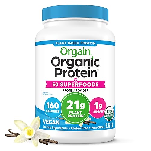 Orgain Organic Vegan Protein + 50 Superfoods Powder, Vanilla Bean - 21g Plant Based Protein, 8g Prebiotic Fiber, No Lactose Ingredients, Gluten Free, No Added Sugar, Non-GMO, 2.02 lb