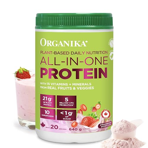 Organika All-in-One Plant Protein Powder – Strawberry – 22g Protein, 15 Vitamins & Minerals, 5 Billion CFU Probiotics, 1g Prebiotic Fibre, 0g Sugar – Complete Nutrient Source, Easy to Digest – 640g