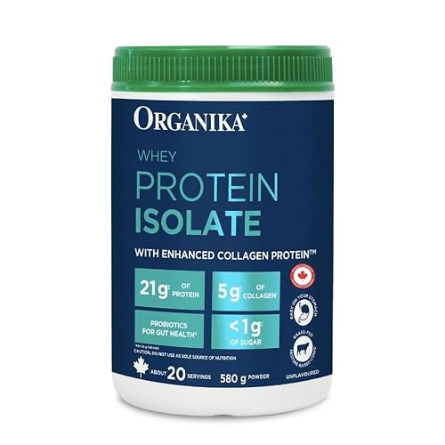 Organika Whey Protein Isolate Powder with Added Collagen Peptides and Probiotics for Easy Digestion- 21g of Protein, 5g of Fibre- Helps Build Strength and Lean Muscle + Aids Recovery- Unflavoured-580g