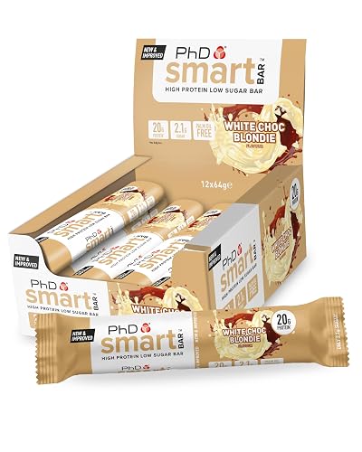 PhD Nutrition Smart Plant Bar Low Calorie, Low Sugar Vegan Bar/Protein Snacks, 20g of Plant Protein, 64g Bar(12 Count, White choc Blondie)