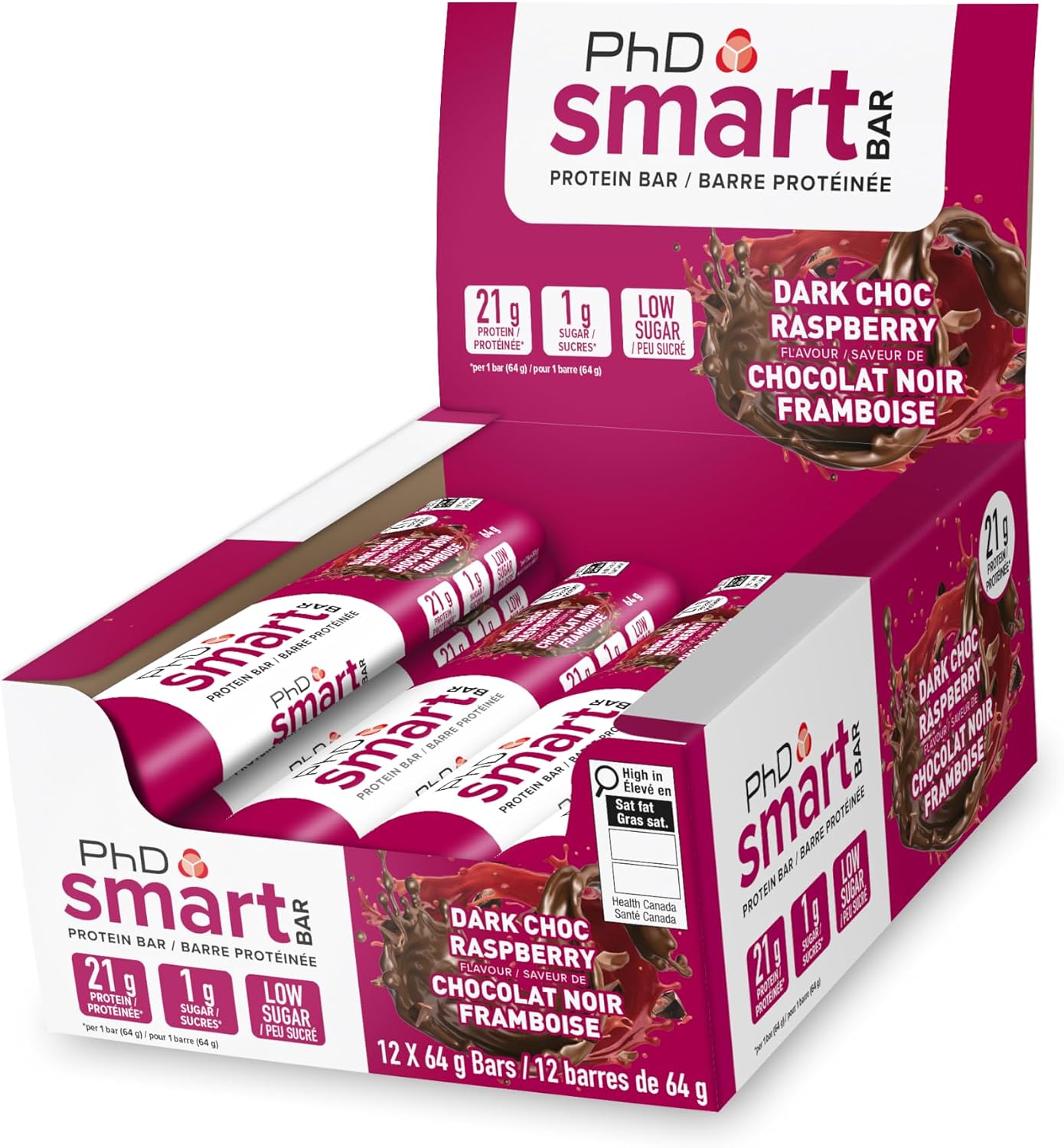 PhD Nutrition Smart Plant Bar Low Calorie, Low Sugar Vegan Bar/Protein Snacks, 20g of Plant Protein, 64g Bar (12 Pack) (12, Dark Choc Raspberry)