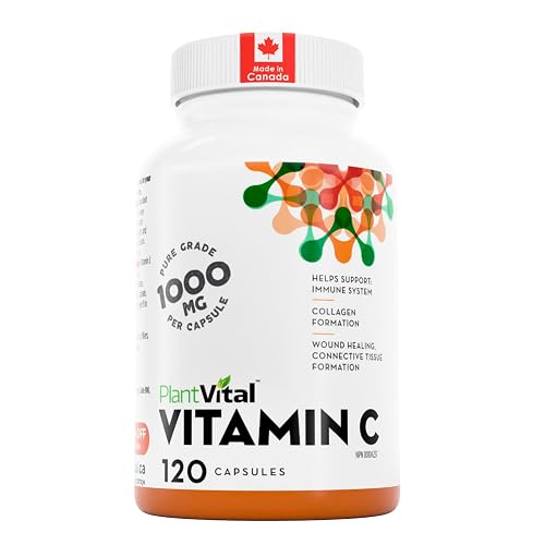 PlantVital Vitamin C - Made in Canada - 1000mg Vegan Capsules - Vit C Supplements helps support immune system, collagen & connective tissue formation, maintenance of bones, teeth & gums - 120 Capsules