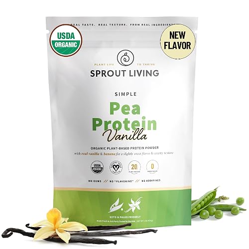 prout Living Organic Pea Protein Powder, Vanilla Flavor, 20 Grams of Plant Based Organic Protein Powder Without Artificial Sweeteners, Non Dairy, Non-GMO, Dairy Free, Vegan, Gluten Free (1 Pound)