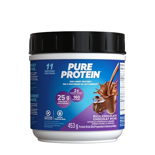 Pure Protein Whey Powder - High Protein (25 g/scoop), Low Sugar (2 g/scoop), Gluten Free - Fast-Acting Formula, Chocolate, 453g