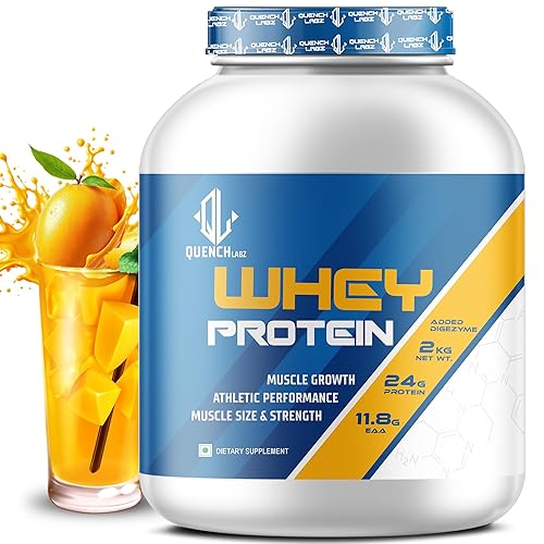 QUENCHLABZ Whey Protein Powder - 2KG Mango | 24g Protein, 11.8g EAA, Added Digezyme | Supports Muscle Growth, Recovery & Performance | Best Whey Protein for Weight Loss & Lean Muscle Mass