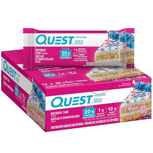 Quest Nutrition Birthday Cake Protein Bar, High Protein, High Fibre, Low Sugar, Keto Friendly, 20g Protein, 1g Sugar, 12ct