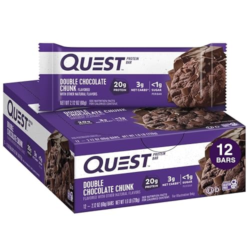 Quest Nutrition Double Chocolate Chunk Protein Bar, High Protein, High Fibre, Low Sugar, Keto Friendly, 20g Protein, 1g Sugar, 12ct