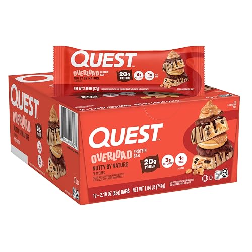 Quest Nutrition Overload Protein Bars, Nutty by Nature Flavored Protein Bars, 20g Protein, 1g Sugar, 3g Net Carbs, Gluten Free, 12 Count | 20g Protein, 12g Fiber, 1g Sugar, Gluten Free, High Quality Protein, Loaded with Flavorful Chunks, Individually Wrapped