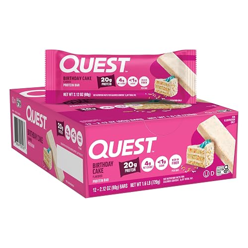 Quest Nutrition Protein Bar, Birthday Cake, 21g Protein, 5g Net Carbs, 180 Cals, 2.1oz Bar, 12 Count, High Protein, Low Carb, Gluten Free, Soy Free