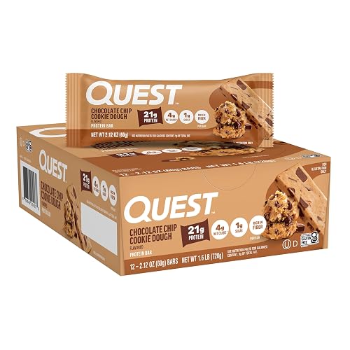 Quest Nutrition Protein Bar, Chocolate Chip Cookie Dough, 21g Protein, 4g Net Carbs, 190 Cals, High Protein Bars, Low Carb Bars, Gluten Free, Soy Free, 2.1 oz Bar, 12 Count