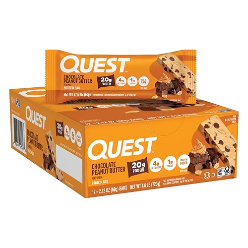 Quest Nutrition Protein Bar, Chocolate Peanut Butter, 20g Protein, 2.1oz Bar, 12 Count, Brown