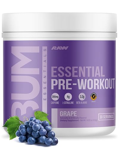 RAW BUM Essential Pre Workout Powder | Chris Bumstead Signature Essential Pre Workout | Caffeine, L-Citrulline, L-Tyrosine, & Beta Alanine Blend | 30 Servings (Grape)