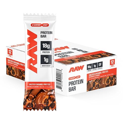 RAW Nutrition Protein Bars | 18g Protein with Soft Layered Texture | Low Sugar & Gluten Free Snack Bar, Satisfying & Convenient On-The-Go Snack | Box of 12 (Salted Caramel Pretzel)