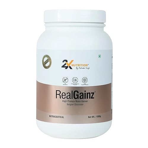 REALGAINZ by 2X Nutrition | High-protein mass gainer | 78g Carbs per serving | High protein (26g) Natural weight gain | Build lean muscle mass | contains digestive enzymes (1Kg, Belgian Chocolate)