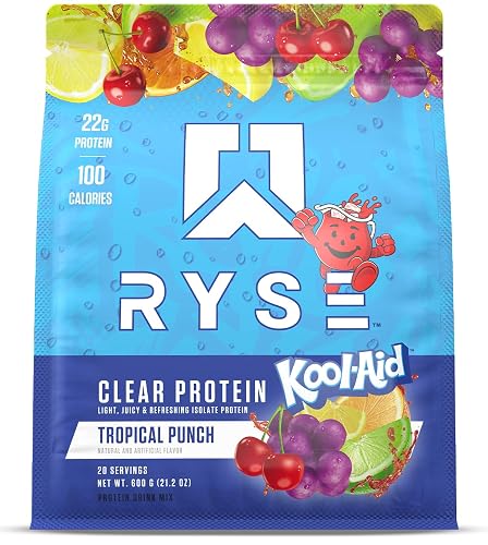 Ryse Clear Whey Isolate Protein Powder - Kool-Aid Tropical Punch - 22g Fast-Digesting Whey Protein - Light, Juicy & Refreshing - 100 Calories, Zero Sugar, Zero Artificial Colors - 20 Servings Bag