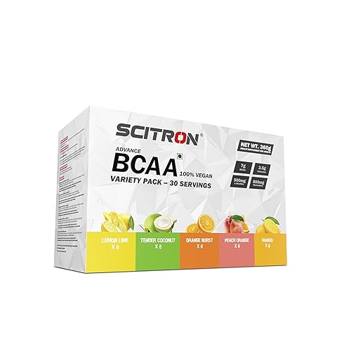 Scitron Advanced 100% VEGAN BCAA Variety Pack | Build Lean Muscle, Recover Faster | 5 Flavours Variety Box – 30 Servings (6 Single Servings of each flavour - Lemon Lime, Tender Coconut, Orange Burst, Peach Orange, Mango)