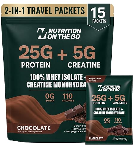 Single-Serve Whey Protein Isolate with Creatine – 25g Proteins, 5g Creatine – Protein Powder Travel Packets – Easy Mix, 110 Calories, No Added Sugar - (15-Pack)