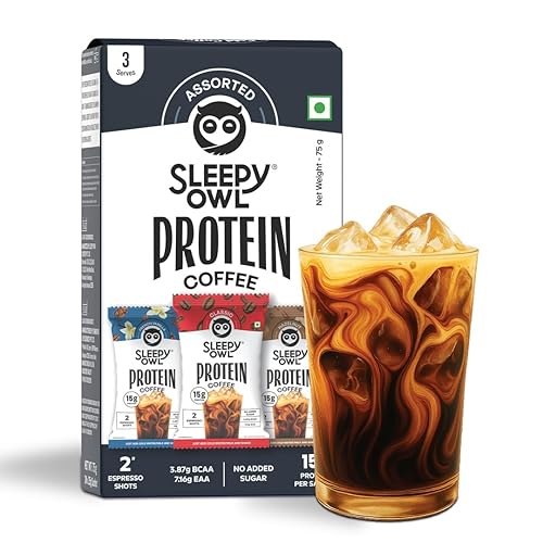 Sleepy Owl Assorted Protein Coffee Powder, 3 Flavours, 15g Whey Protein & 2 Shots Espresso per Sachet, Less than 97 Cal, No Added Sugar, Light & Easy to Digest, Pack of 3 Sachets (3N x 25g)