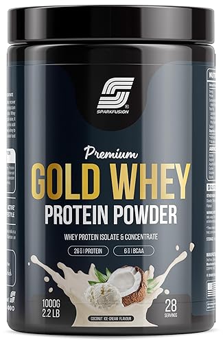 Sparkfusion Premium Gold Whey Protein Isolate | 26g Protein,6g BCAA per Serving | Easy Mixing, Low Carbs, Easy Digesting | For Muscle Building & Recovery (Coconut Ice-Cream, 1 kg (Pack of 1))