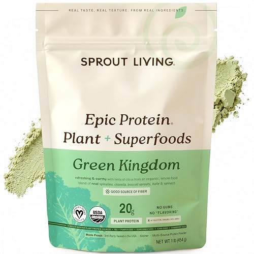 Sprout Living Epic Protein Powder, Green Kingdom Flavor, Organic Plant Protein, Gluten Free, No Additives, 20 Grams Clean Vegan Protein (1 pound,13 servings)