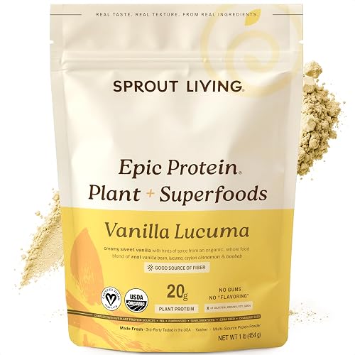 Sprout Living Epic Protein Powder, Vanilla Lucuma Flavor, Organic Plant Protein, Gluten Free, No Additives, 19 Grams Clean Vegan Protein (1 pound,13 servings)