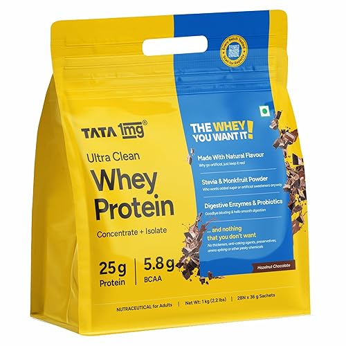 Tata 1mg Ultra Clean Whey Protein Isolate + Concentrate - Hazelnut Chocolate 1kg | 25g protein, 5.8g BCAA & 30B CFU Probiotics-28 Sachets