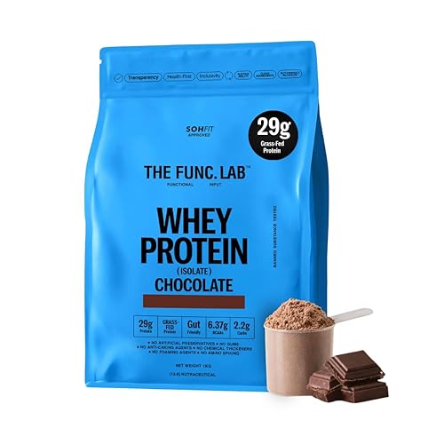 The Func. Lab Whey Protein Isolate - Chocolate Flavour | 1 kg | Grass‑Fed, 29g Protein, 6.37g BCAA per Scoop | High Protein Supplement for Muscle Growth, Digestion and Absorption Support