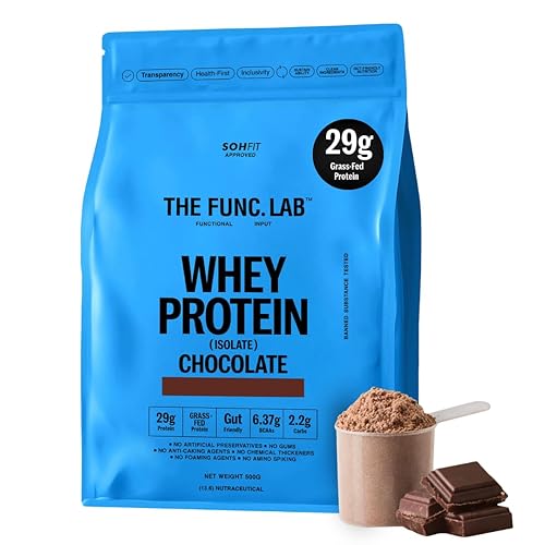 The Func. Lab Whey Protein Isolate - Chocolate Flavour | 500g | Grass‑Fed, 29g Protein, 6.37g BCAA per Scoop | High Protein Supplement for Muscle Growth, Digestion and Absorption Support