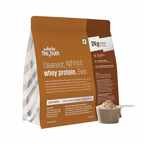 The Whole Truth Whey Protein Isolate+Concentrate | Cold Coffee 1 kg (2.2 lbs) | 24g Protein per scoop | 6.4g BCAA | No Adulteration | Clean, Light & Easy to Digest | Vegetarian