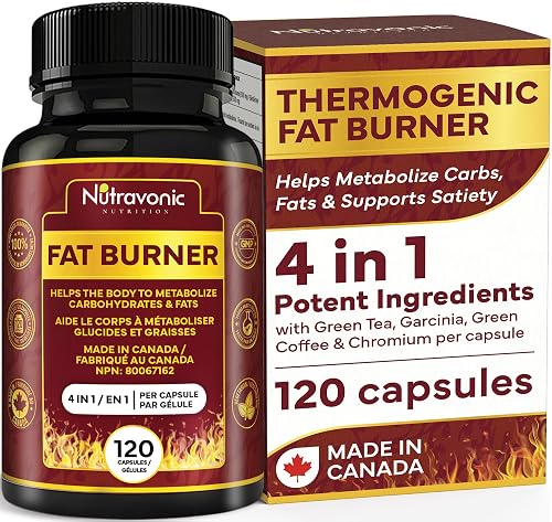 Thermogenic Fat Burner 4-IN-1 Ingredients – Weight Loss Supplement for Women & Men, Appetite Suppressant | Metabolize Carbohydrates & Fats, Keto Friendly, Garcinia Cambogia, Green Tea Extract, Green Coffee Bean & Chromium – 120 Capsules, Canadian Made | Nutravonic Nutrition