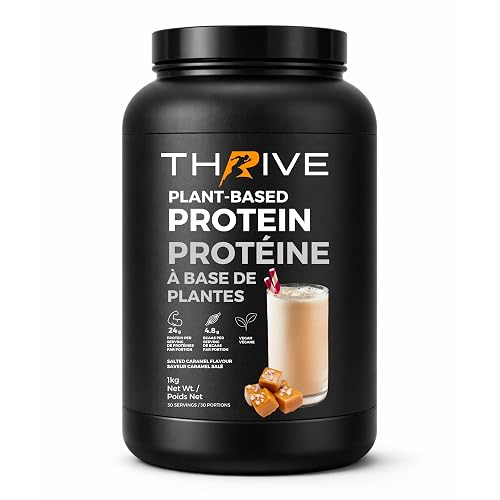 Thrive Plant-Based Protein Powder - Salted Caramel, Canadian-Made, Vegan, 4.8g BCAAs, Sugar-Free, Nothing Artificial, 1kg (30 Servings)