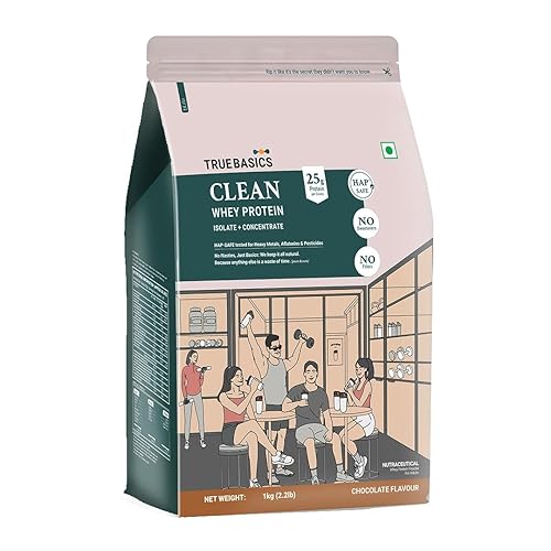 TrueBasics Clean Whey Protein Powder Isolate & Concentrate Blend (Chocolate, 1kg) | 25g Protein per Scoop | Trustified Gold Certified