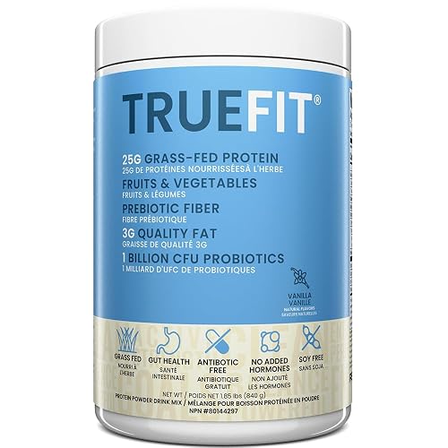 TrueFit High Fiber Protein Powder, Grass-Fed Whey Meal Replacement Shake with Prebiotics, Probiotics, & Organic Superfoods, Keto Friendly, Gluten Free