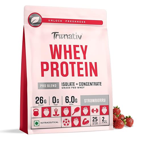 Trunativ Pro Blend Whey Protein Powder Isolate & Concentrate | 100% Light & Clean Protein Powder | 26g Protein | 6g BCAA | 12.52g EAA | No added sugar | Strawberry 2lbs (907g)