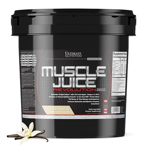 Ultimate Nutrition Muscle Juice Revolution 2600, Vanilla Crème, 11.1 lb | 70g Octo-PRO™ Protein Blend, 170g Time-Release Carbs, 1000mg Glutamine, Low Sugar High Calorie Mass Gainer For Recovery