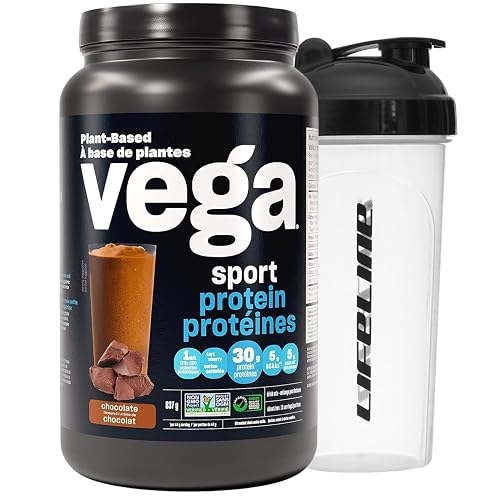 Vega Sport Protein Powder Chocolate with Shaker Bottle - Plant Based Vegan Protein Powder, BCAAs, Amino Acid, tart cherry, Non Dairy, Gluten Free, Non GMO (19 servings)