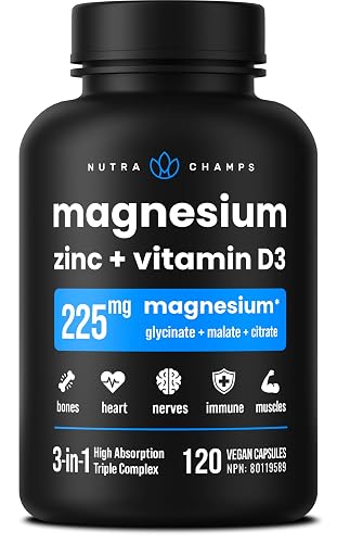Vegan Magnesium Supplement | 3-in-1 Formula with Zinc & Vitamin D3 | Magnesium Glycinate, Malate & Citrate | Supports Bone, Muscle, & Heart Health | High Absorption & Bioavailability | 120 Capsules